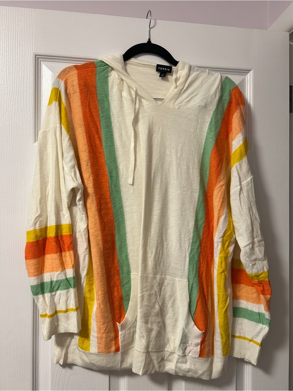 torrid Cream V-Neck Hooded loghtww Sweater with Orange, Green and Yellow Stripes